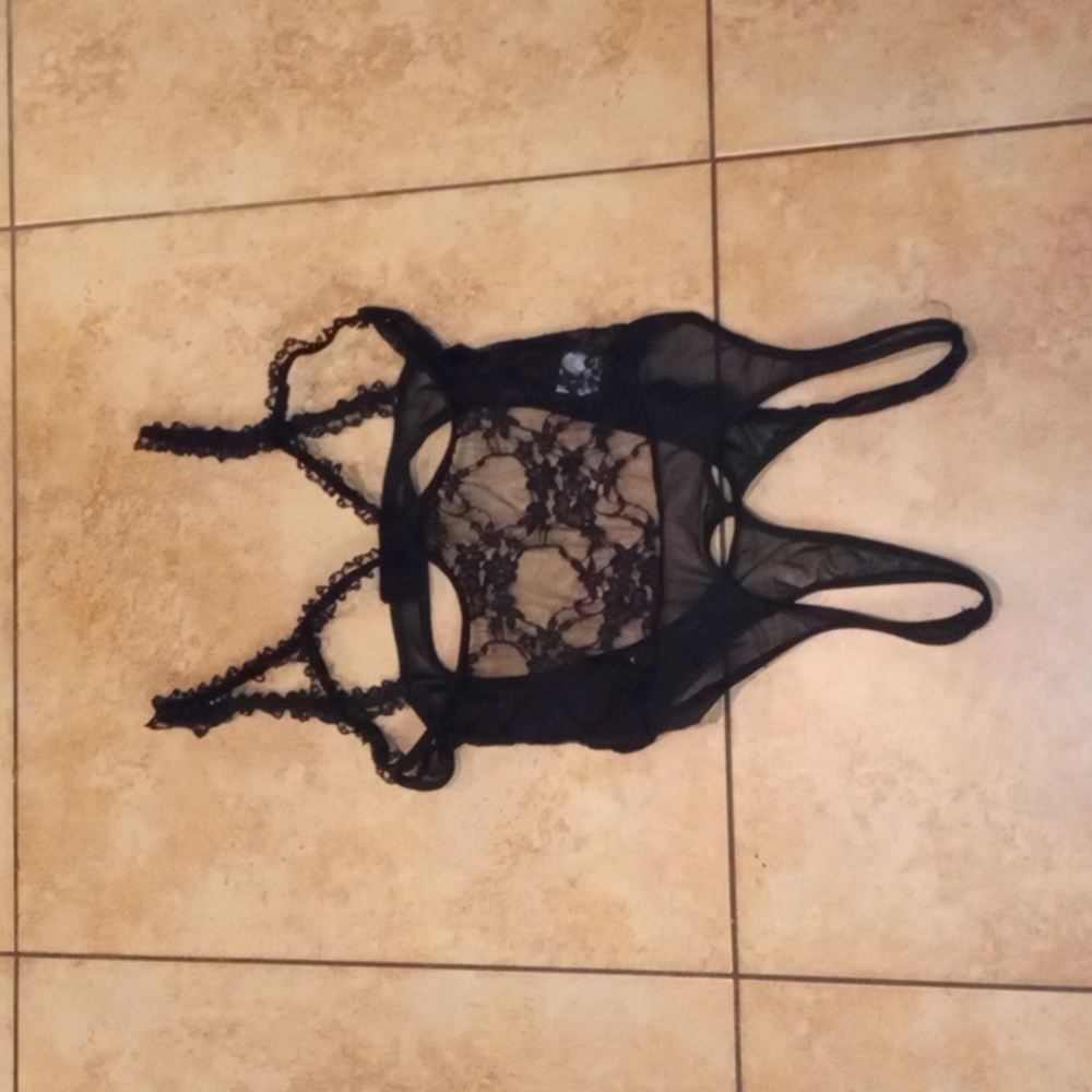 Worn, Sexy, Black, Lace, Crotchless, and Cupless, One Piece Lingerie